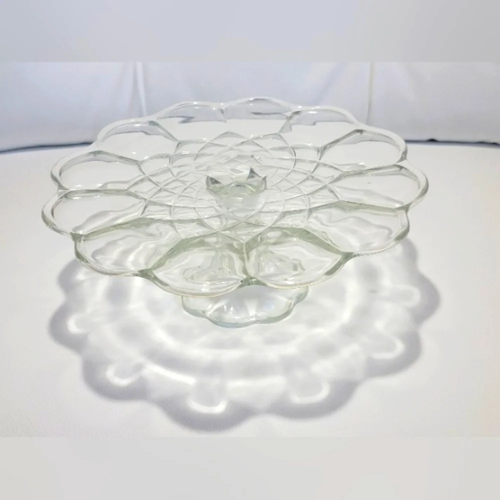 Vintage Pedestal Cake Stand L E Smith Dominion Clear Glass Scalloped Edge Design